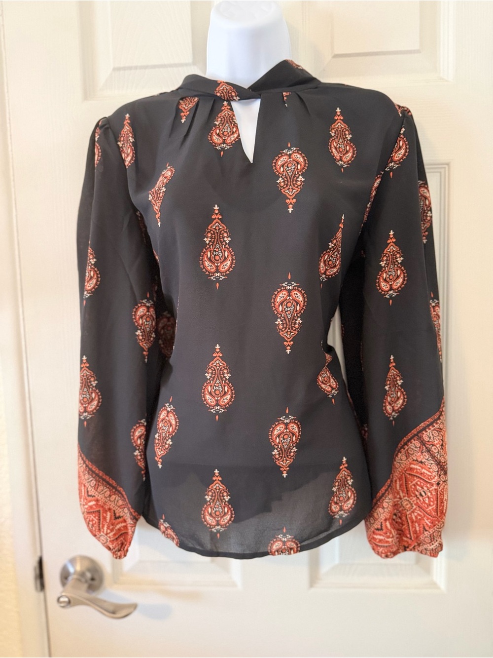 Sara Michelle Black Blouse with Rust Paisley Print